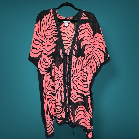 CZ Cover Ups Other - CZ Cover Ups Swimsuit Women 1x  Pink Black Sheer Waist Tie Leaf Print